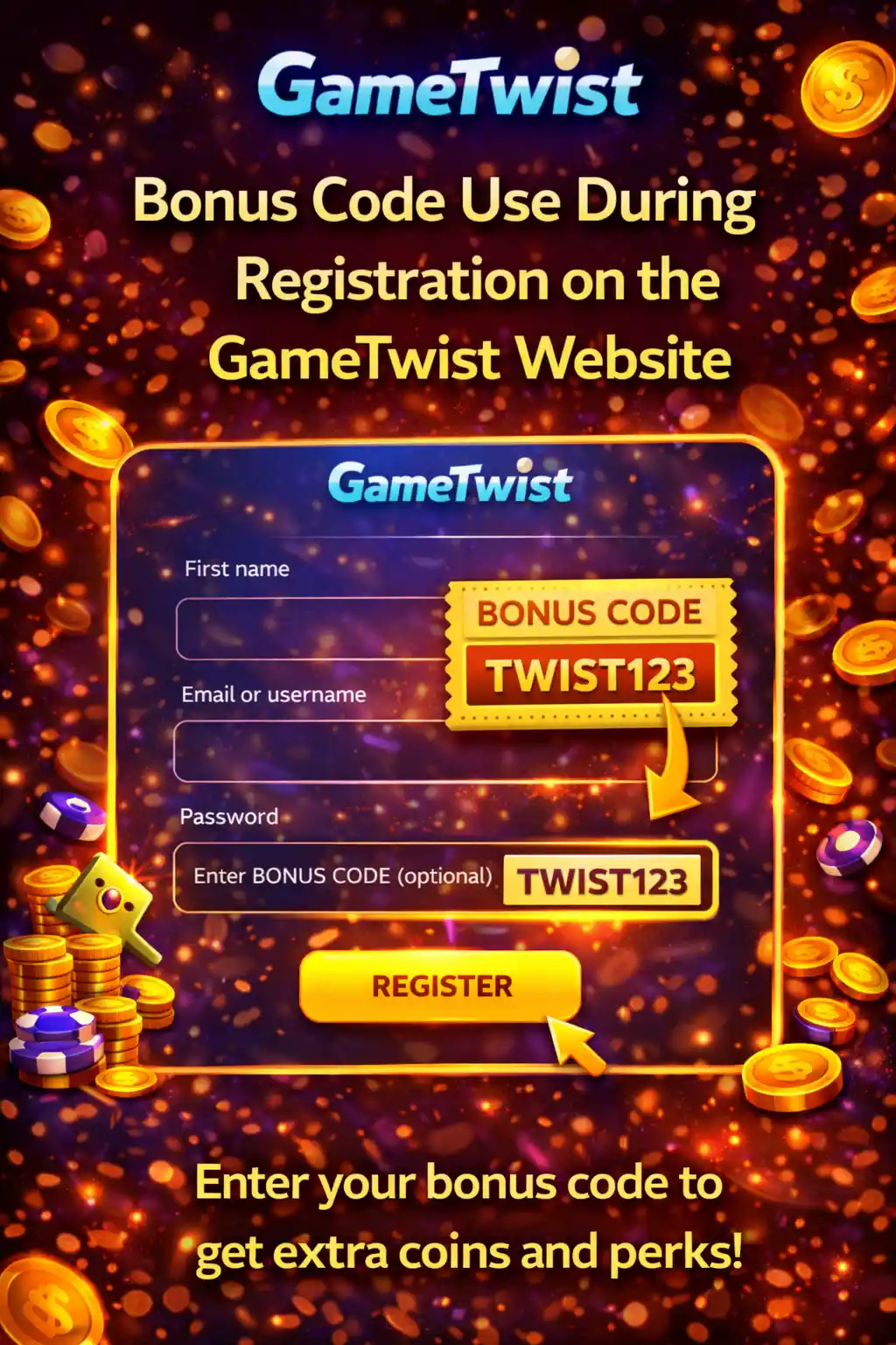 Bónusz kód mező a regisztráció során a GameTwist weboldalon a promó jutalmak aktiválásához a regisztrációkor