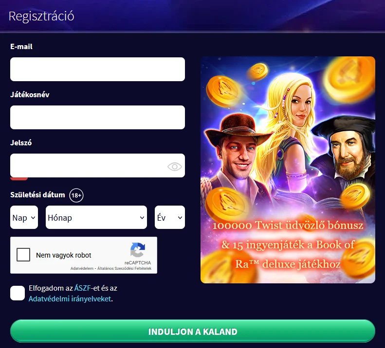 Regisztrációs űrlap a GameTwist weboldalon új játékos fiók létrehozásához