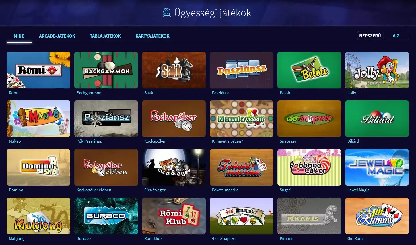 Ügyességi Játékok szekció a Game Twist platformon játékos alapú formátumokkal és klasszikus játéktípusokkal