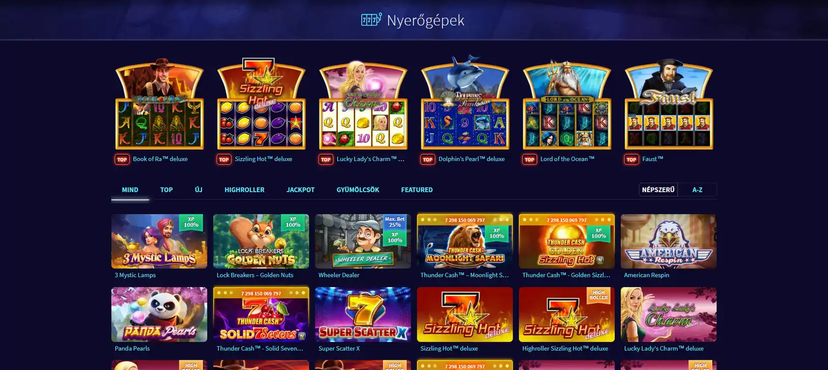 Nyerőgépek oldal a GameTwist weboldalon népszerű címekkel, kategóriákkal és kiemelt nyerőgép tartalommal